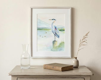 Blue Heron Watercolor Print | Coastal Bird Art | Lake House Decor | "Heron Hour"