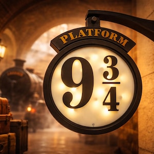 Peut inclure: Un panneau circulaire avec le texte "PLATFORM" et les chiffres "9 3/4" en noir sur un fond blanc éclairé. Le panneau est fixé au mur, avec un train et des bagages en arrière-plan.