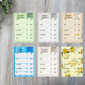 May include: Six colourful freezer inventory sheets with the French text "Inventaire Congélateur". Each sheet has sections for food categories, date, and quantity. Designs include daisies, lemons, and stripes.