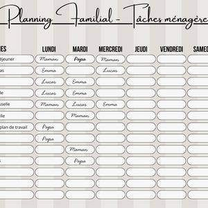 May include: A beige and white family chore chart with the title "Planning Familial - T&acirc;ches m&eacute;nag&egrave;res" in cursive. The chart lists daily tasks like preparing breakfast and washing dishes, with spaces for assigning responsibilities.