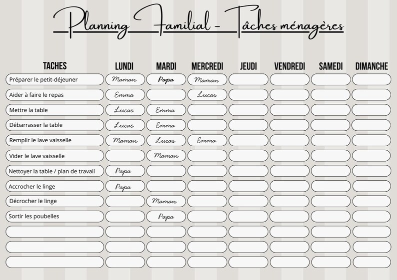 May include: A beige and white family chore chart with the title "Planning Familial - T&acirc;ches m&eacute;nag&egrave;res" in cursive. The chart lists daily tasks like preparing breakfast and washing dishes, with spaces for assigning responsibilities.