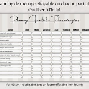 May include: A reusable erasable chore chart with a gray and white striped background. The header reads Planning Familial - T&acirc;ches m&eacute;nag&egrave;res. It features columns for days of the week and rows for household tasks like cooking and cleaning.