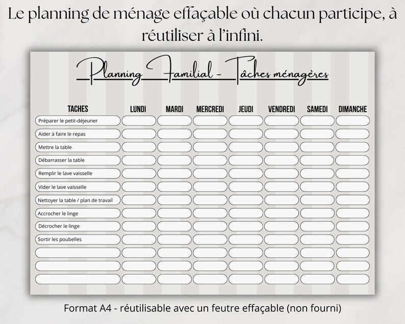 May include: A reusable erasable chore chart with a gray and white striped background. The header reads Planning Familial - T&acirc;ches m&eacute;nag&egrave;res. It features columns for days of the week and rows for household tasks like cooking and cleaning.