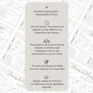 May include: A light gray household chore planner with text in French. The planner includes sections for daily, weekly, and monthly tasks. The text highlights features such as time-saving, family participation, and a practical A4 format.