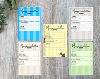 May include: Five rectangular cleaning checklists titled Menage en profondeur CHAMBRE. Each features vertical stripes in blue, yellow, beige, gray, or green. The yellow sheet includes bee illustrations. Each list contains checkboxes for bedroom cleaning tasks.