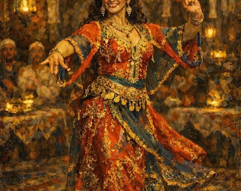 Oriental Candle Dancer Vintage Oil Painting Printable Wall Art, Middle Eastern Belly Dance Art, Boho Exotic Wall Decor