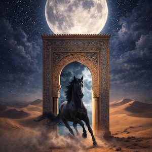 May include: A digital art piece depicting a black horse running through an ornate archway in a desert landscape. A full moon and starry sky are in the background. The archway is gold and blue.