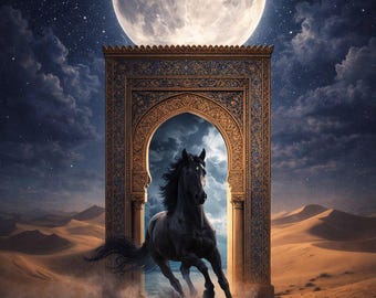 Mystical Black Horse in Moroccan Archway – Sahara Desert Moon Night, Fantasy Wall Art Printable, Arabian Horse Decor”