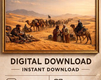 Desert Caravan Wall Art Print, Sahara Camel Caravan Landscape, Moroccan Desert Printable Art, Boho Desert Decor, Instant Digital Download