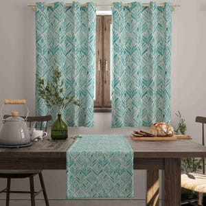 Aqua Leaf Kitchen Curtain, Botanical Window Panel, Coastal Cafe Decor