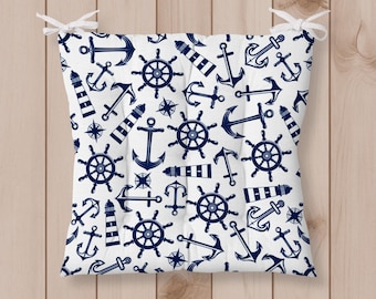 Nautical Seat Cushion, Anchor Chair Pad, Coastal Navy Decor, Custom Size