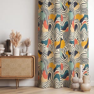 Abstrakt vågig gardinpanel, retro organiska draperier, 50-talsmodern fönsterbehandling för vardagsrum, mörkläggningsalternativ, anpassad storlek