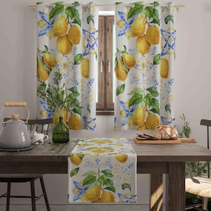 Italiensk citron köksgardin, blå kakelpanel för café, medelhavsdekor