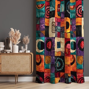 Colorful Abstract Curtain Panel, Boho Patchwork Drapes, Modern Artistic Window Treatment, Blackout Option, Custom Size