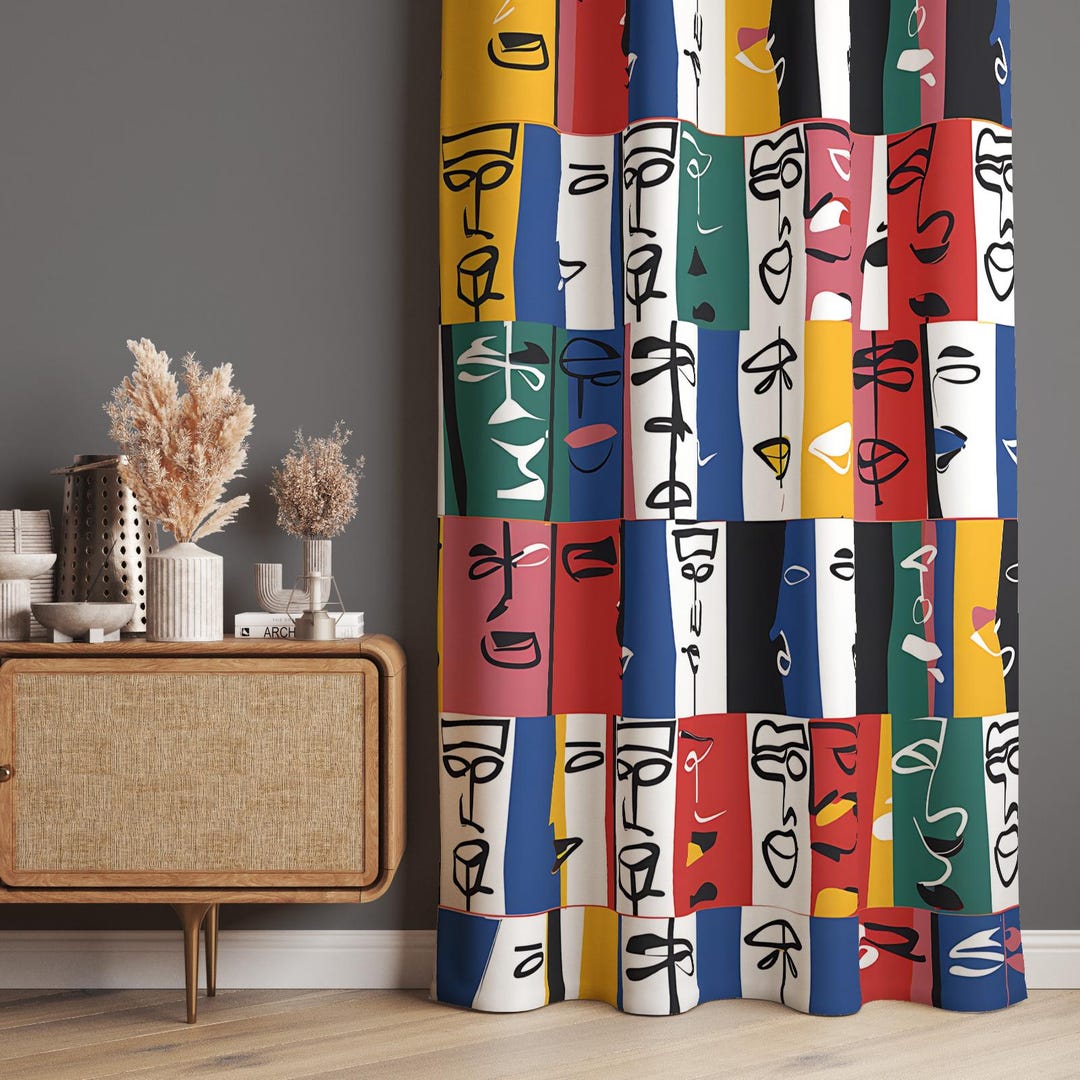 Abstract Face Curtains, Modern Color Block Drapes, Contemporary Art ...