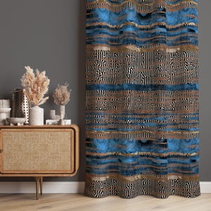 Gordijnpaneel in Afrikaanse tribale stijl, blauwbruine etnische strepen, safari boho raamdecoratie, verduisterende optie, op maat gemaakt