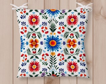 Cojín de asiento de arte popular escandinavo, almohadón floral nórdico para silla, decoración colorida para la cocina, hecho a medida.