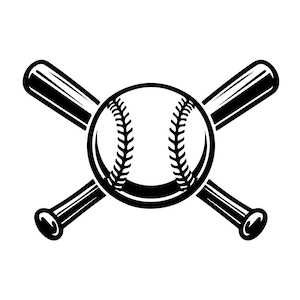 Könnte beinhalten: Eine schwarz-weiße grafische Illustration, die einen Baseball zeigt, der vor zwei gekreuzten Baseballschlägern zentriert ist. Der Baseball weist deutliche Nahtdetails auf, während die Schläger diagonal hinter dem Ball angeordnet sind.