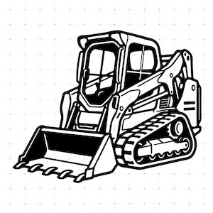 May include: A black and white line art illustration of a compact track loader. The construction vehicle features a front bucket with teeth, a fully enclosed operator cabin with windows, and heavy-duty rubber tracks on the side undercarriage.