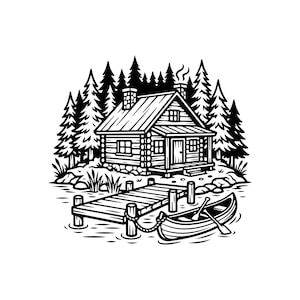 May include: A black and white line art illustration of a log cabin nestled in a forest of pine trees. A wooden dock extends into the water from the cabin, with a canoe tied to the dock by a rope. The cabin features a chimney with smoke rising.