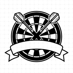 May include: A black and white graphic illustration of a circular dartboard with two crossed darts positioned in front of it. A blank, curved banner ribbon is placed across the lower portion of the dartboard design, providing space for text.