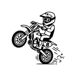 Può includere: Un'illustrazione in bianco e nero a tratto di un pilota di motocross che esegue un'impennata su una moto da cross. Il pilota indossa casco e occhiali, e sia la targa anteriore che il pannello laterale della moto riportano il numero 8.