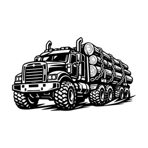 Peut inclure: Une illustration graphique en noir et blanc d'un camion forestier robuste. Le véhicule présente une grande calandre, deux pots d'échappement verticaux et des pneus tout-terrain. La remorque est chargée de rondins fixés par des chaînes.