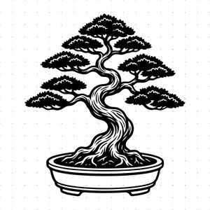 May include: A black and white graphic illustration of a bonsai tree with a curved, textured trunk and layered, rounded foliage clusters. The tree is planted in a shallow, oval-shaped ceramic pot, presented against a subtle grid background.