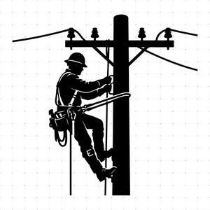 May include: A black silhouette graphic of a utility worker wearing a hard hat and tool belt, suspended by safety gear while working on a wooden utility pole with crossarms, insulators, and power lines against a white grid background.