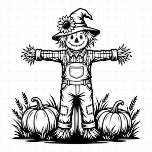 Puede incluir: Una ilustración de arte lineal en blanco y negro de un espantapájaros con un sombrero con un girasol, una camisa de cuadros y un peto. El espantapájaros se encuentra entre dos calabazas rodeado de tallos de trigo, con parches cosidos.