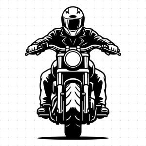 Motorcykelförare SVG, bikerhjälm motorcykel framifrån, chopperbiker, läderjacka siluett, klippfiler, SVG PNG direktnedladdning