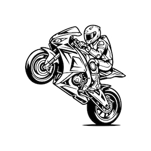 May include: A black and white graphic illustration of a sport motorcycle performing a wheelie. The rider wears a full-face helmet and protective gear, leaning forward while gripping the handlebars. The design features bold lines and high contrast.