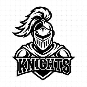 May include: A black and white graphic illustration of a knight wearing a helmet with a plume. The knight is depicted from the chest up, wearing armor and a cape. Below the knight, the word KNIGHTS is printed in bold, capitalized letters.