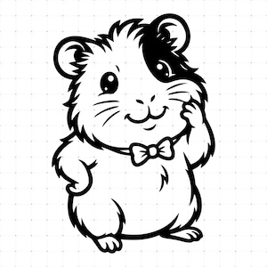 May include: A black and white line art illustration of a guinea pig standing upright. The guinea pig has a patch of dark fur around one eye and ear, a small bowtie around its neck, and one paw raised near its face in a friendly, waving gesture.