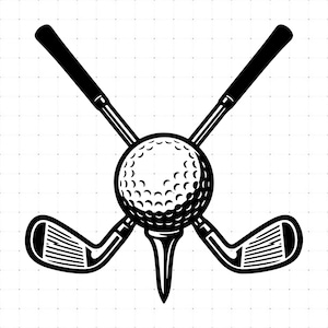 Puede incluir: Una ilustración gráfica en blanco y negro que muestra dos palos de golf cruzados detrás de una pelota de golf sobre un tee. El diseño utiliza líneas marcadas y un alto contraste para representar la superficie texturizada de la bola y las caras estriadas.