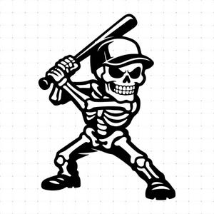 May include: A black and white graphic illustration of a skeleton wearing a baseball cap and holding a baseball bat in a batting stance. The skeleton has a wide grin, deep eye sockets, and is positioned with legs spread apart in a ready pose.