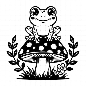 May include: A black and white graphic illustration featuring a smiling frog perched atop a spotted mushroom. The design is framed by two symmetrical leafy branches and a small flower at the base, all set against a subtle grid background pattern.