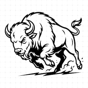 May include: A black and white graphic illustration of a charging bison. The animal is depicted in a dynamic, forward-leaning pose with curved horns, a thick mane, and a raised tail, with stylized dust clouds kicking up beneath its hooves.