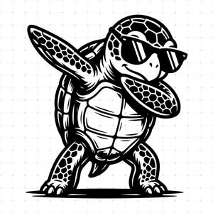May include: A black and white graphic illustration of a sea turtle wearing dark sunglasses. The turtle is captured in a dabbing pose, with one flipper extended upward and the other bent toward its face, featuring detailed shell and skin textures.
