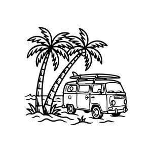 Könnte beinhalten: Eine schwarz-weiße Strichzeichnung eines Oldtimer-Vans mit einem Surfbrett auf dem Dachträger, der an einem Sandstrand neben zwei hohen Palmen mit strukturierten Stämmen und blättrigen Wedeln unter einem klaren Himmel geparkt ist.