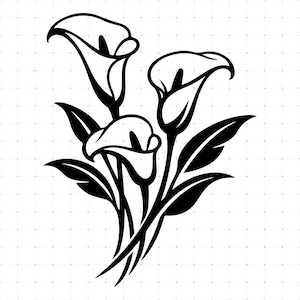May include: A black and white graphic illustration of three calla lily flowers with long stems and pointed leaves. The design features bold, solid black lines and shapes against a white background, depicting the curved petals of the lilies.