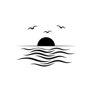May include: A black graphic illustration featuring a solid semi-circle representing a sun setting or rising over a horizontal line. Below the line are stylised wavy lines depicting water, and above the sun are three flying birds in silhouette.