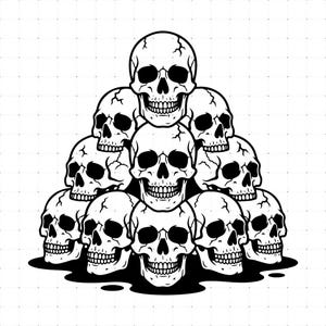 May include: A black and white graphic illustration featuring a pyramid-shaped stack of ten human skulls. Each skull is rendered with clean lines, showing detailed eye sockets, nasal cavities, and teeth, arranged in a symmetrical triangular formation.