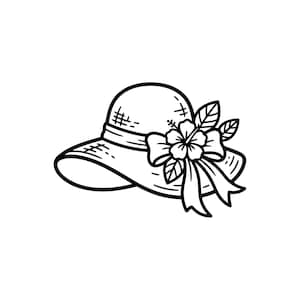 Op de afbeelding: Een zwart-witte lijntekening van een zonnehoed met een brede rand. De hoed is voorzien van een decoratieve band versierd met een grote hibiscusbloem, een strik en verschillende bladeren. Het ontwerp gebruikt eenvoudige contouren.