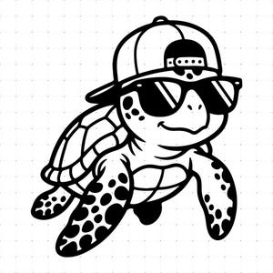 May include: A black and white line art illustration of a sea turtle wearing a baseball cap and sunglasses. The turtle is depicted in a swimming pose with visible spots on its flippers and shell, rendered in a clean, bold graphic style.