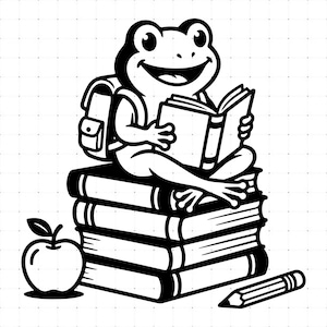 Cute Frog Reading Book SVG, Back to School Teacher Student Frog, Cute Animal Stack of Books Silhouette Cut Files, SVG PNG Instant Download