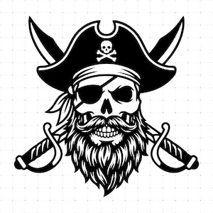 May include: A black and white graphic illustration of a bearded pirate skull wearing a tricorn hat with a skull and crossbones emblem. The skull features an eye patch and is positioned in front of two crossed cutlass swords.