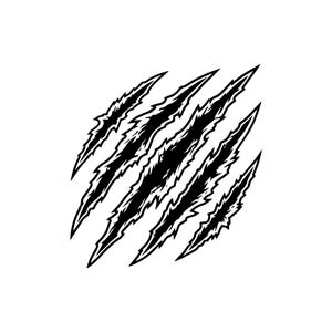 May include: A black and white graphic illustration featuring four diagonal claw marks. The design consists of sharp, jagged slashes arranged in a parallel pattern, creating a high-contrast visual effect with solid black shapes and white outlines.