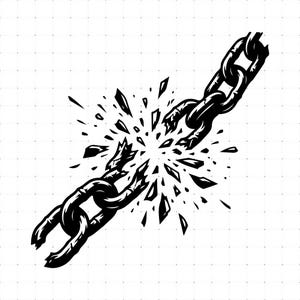 May include: A black and white graphic illustration of a heavy metal chain breaking apart in the center. The links are fractured, with jagged shards and debris radiating outward from the point of impact, creating a dynamic sense of motion.