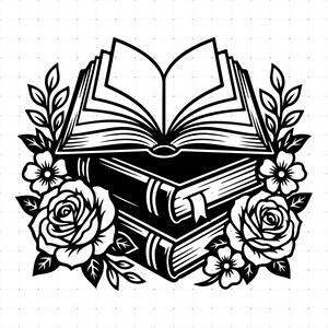 May include: A black and white graphic illustration featuring an open book resting on top of a stack of two closed books. The arrangement is framed by detailed floral elements, including large blooming roses and leafy sprigs on both sides.